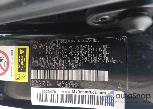 2T2BK1BA3FC261308: 44444287