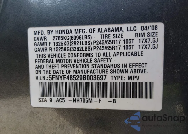 5FNYF48529B003697: 44443393