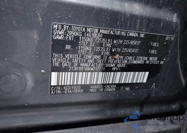 2T3H1RFV6KW012711: 44444378