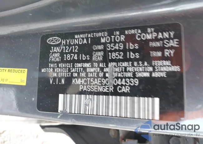 KMHCT5AE9CU044339: 44452425