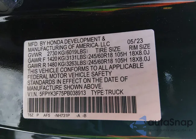 5FPYK3F75PB038913: 44454219