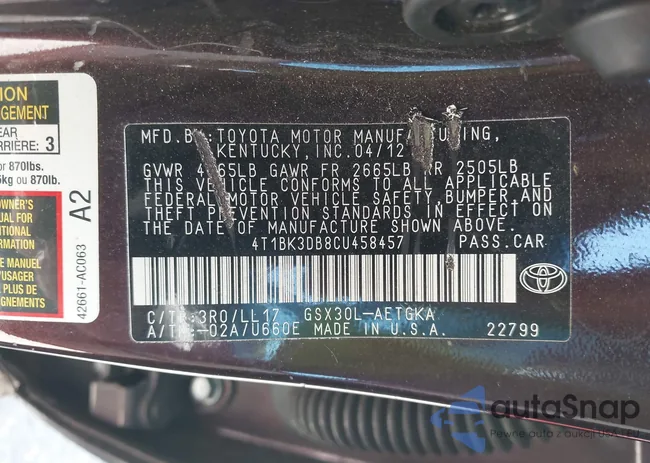 4T1BK3DB8CU458457: 44454979