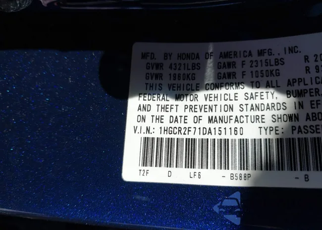 1HGCR2F71DA151160: 44454586