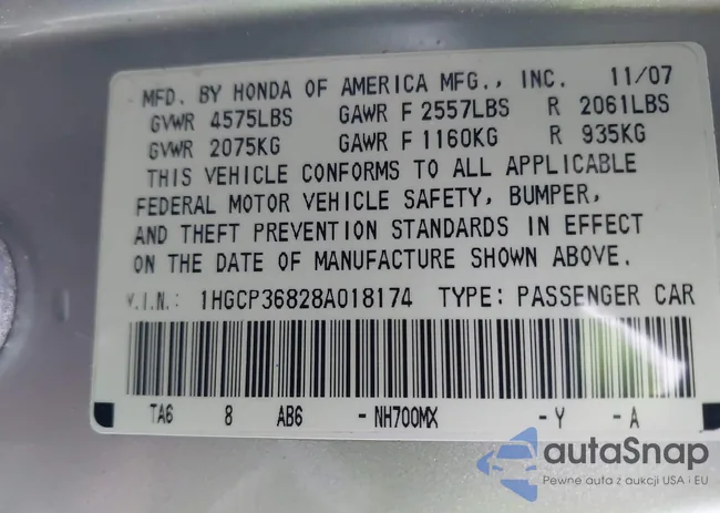 1HGCP36828A018174: 44456300