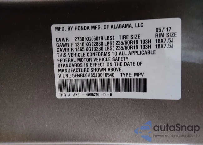 5FNRL6H85JB010540: 44456741