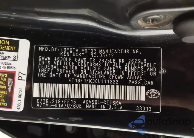 4T1BF1FK3CU111222: 44459820