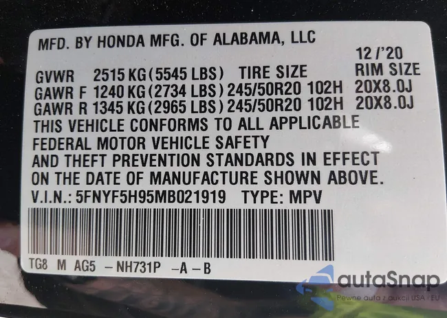 5FNYF5H95MB021919: 44459434