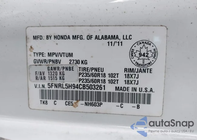 5FNRL5H94CB503261: 44460861