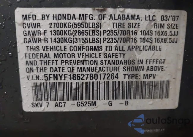 5FNYF18627B017264: 44461938