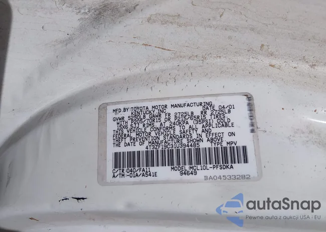 4T3ZF19C31U394485: 44461490