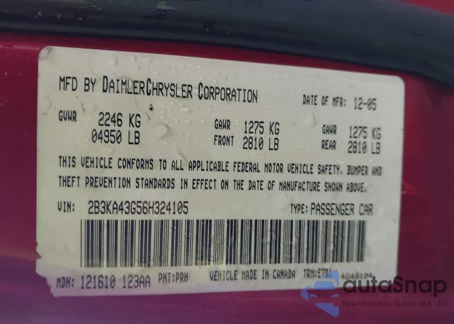 2B3KA43G56H324105: 44463942