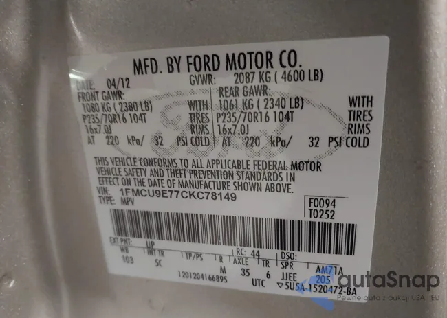 1FMCU9E77CKC78149: 44464830