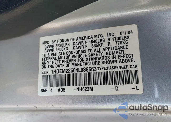 1HGEM22504L036663: 44467335