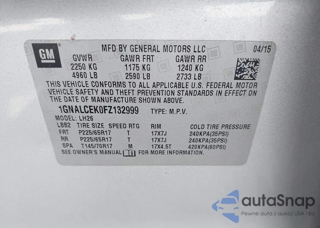 1GNALCEK0FZ132999: 44473623