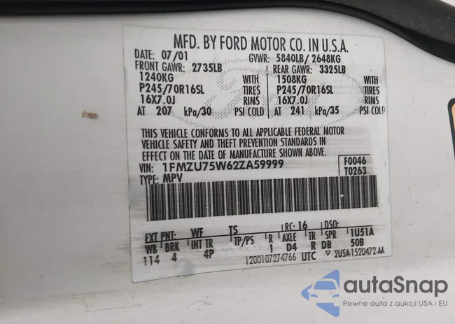 1FMZU75W62ZA59999: 44474332