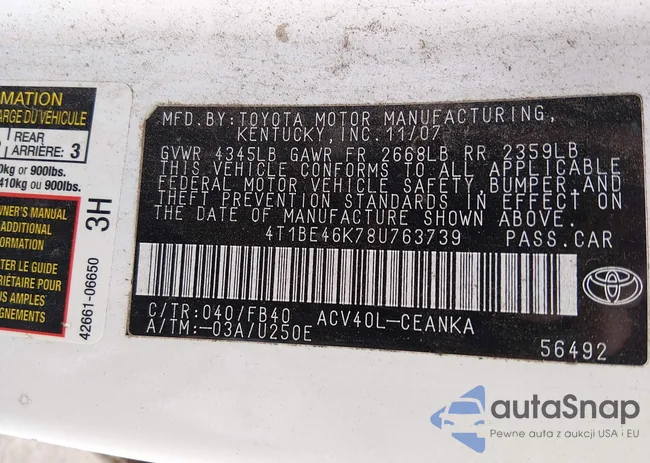 4T1BE46K78U763739: 44476239