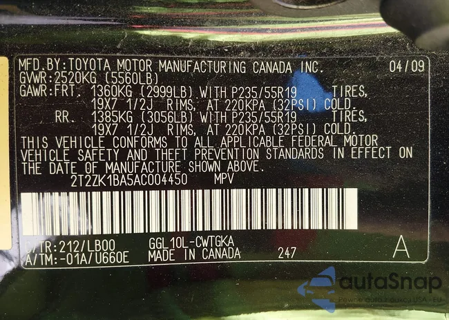 2T2ZK1BA5AC004450: 44485245