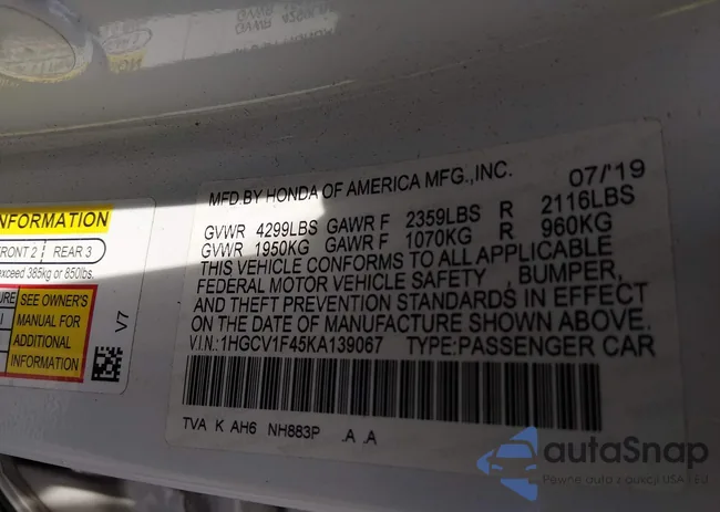 1HGCV1F45KA139067: 44489617