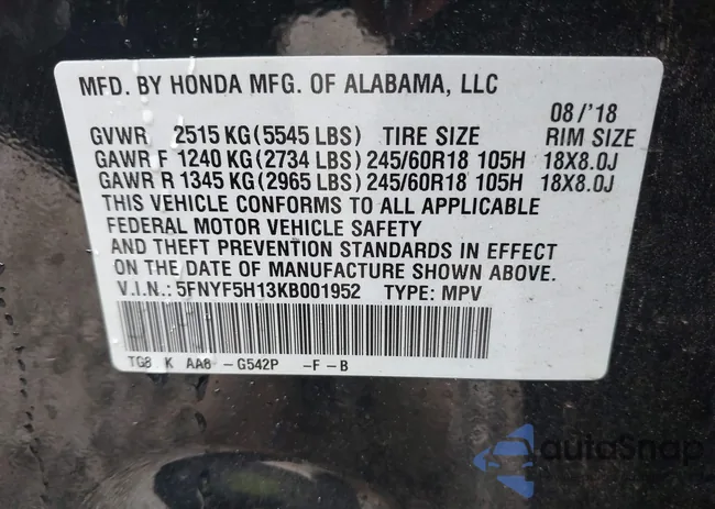 5FNYF5H13KB001952: 44491170