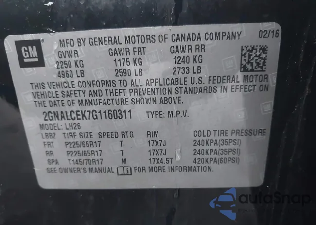 2GNALCEK7G1160311: 44493105