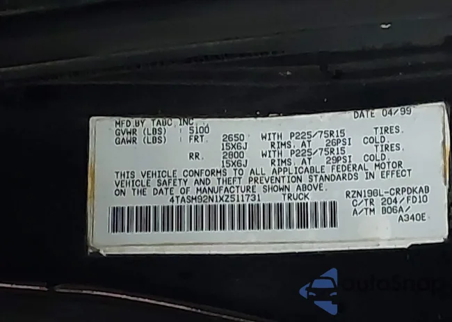 4TASM92N1XZ511731: 44493174