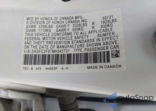 2HGFC2F67MH543731: 44494716