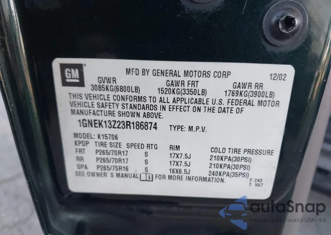 1GNEK13Z23R186874: 44496874