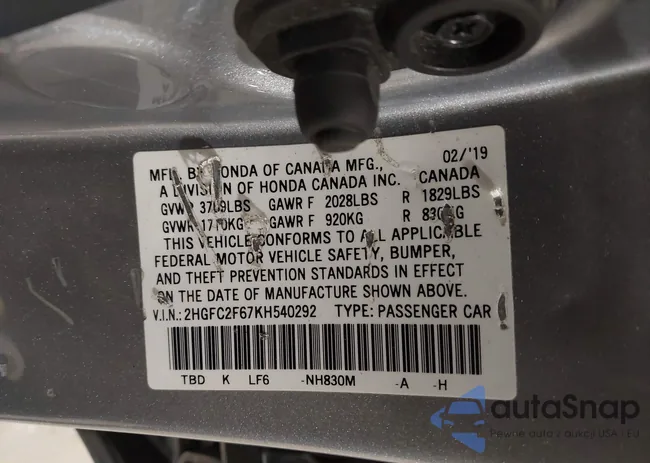 2HGFC2F67KH540292: 44501690