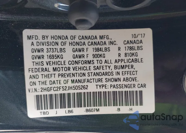 2HGFC2F52JH505262: 43505534