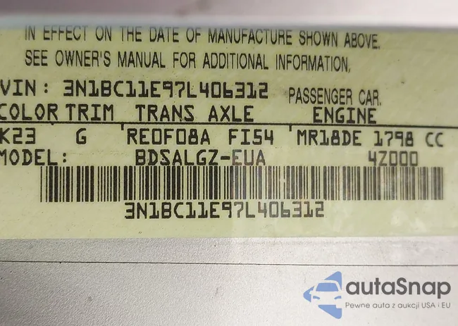 3N1BC11E97L406312: 43505627