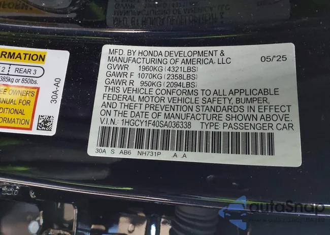 1HGCY1F40SA036338: 43505138