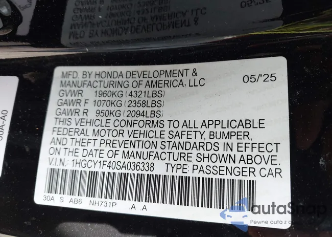 1HGCY1F40SA036338: 43505138