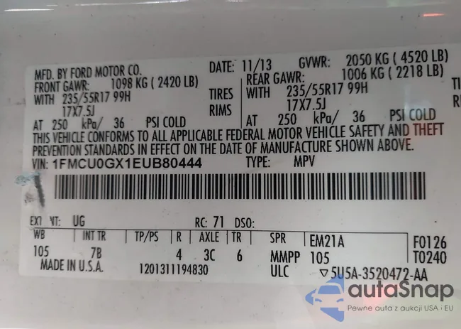 1FMCU0GX1EUB80444: 43507541