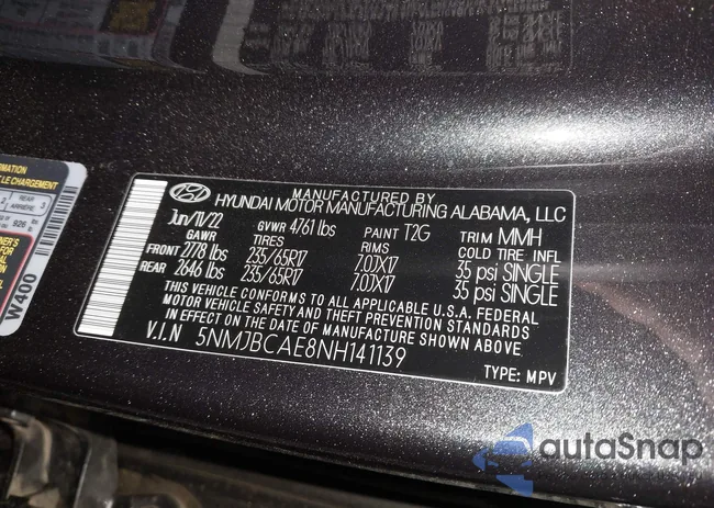 5NMJBCAE8NH141139: 43507669