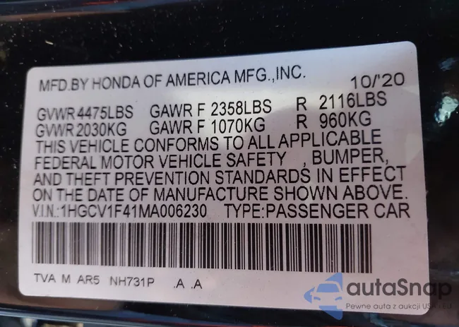 1HGCV1F41MA006230: 43507379