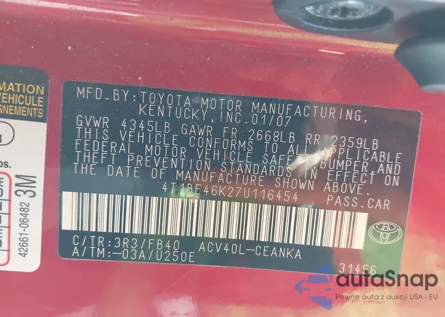 4T1BE46K27U116454: 43508500