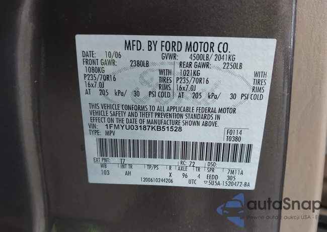 1FMYU03187KB51528: 43508675