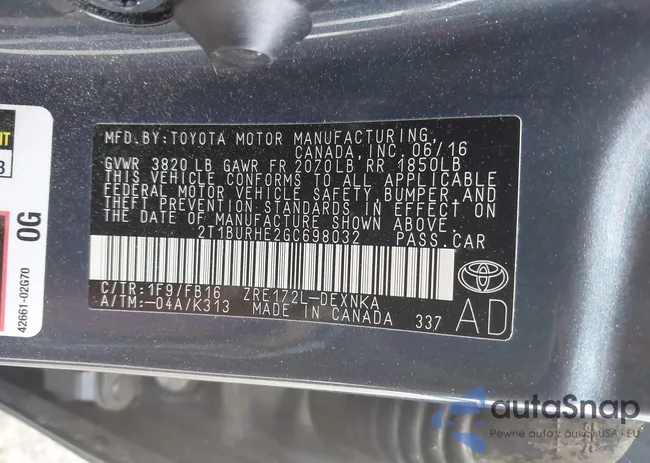2T1BURHE2GC698032: 43509462