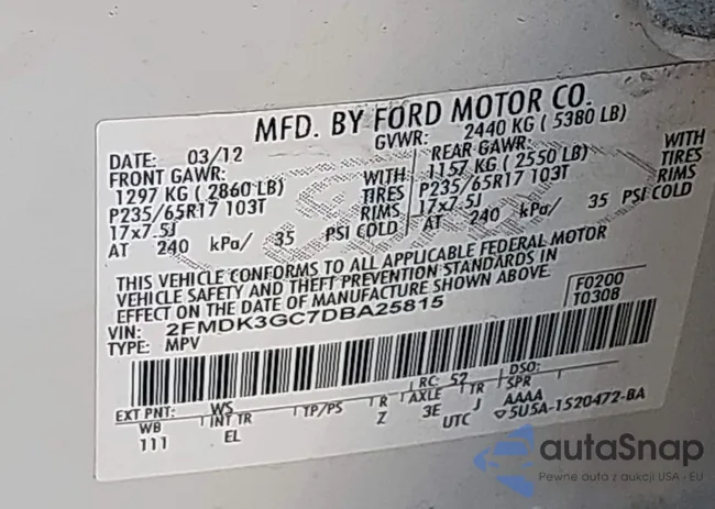 2FMDK3GC7DBA25815: 43510879