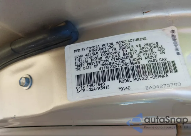 4T1BF22K71U959645: 43512021