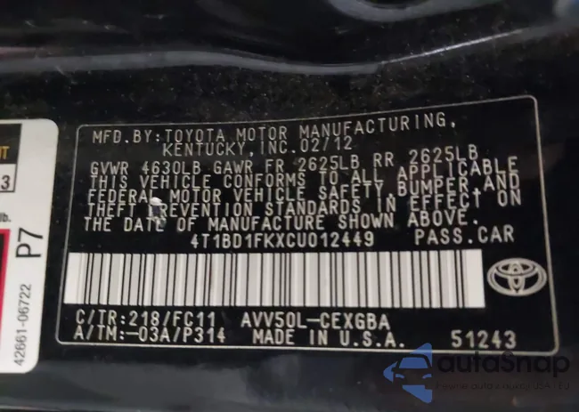 4T1BD1FKXCU012449: 43512663