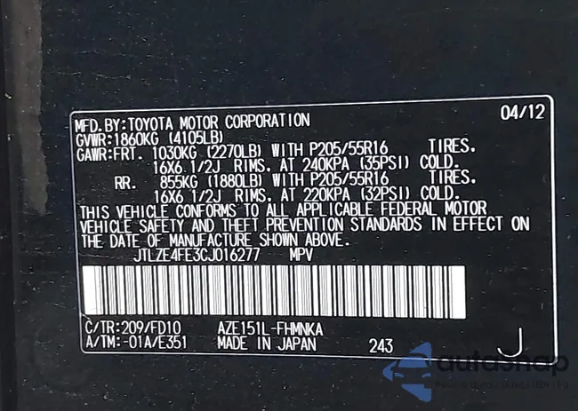 JTLZE4FE3CJ016277: 43513496