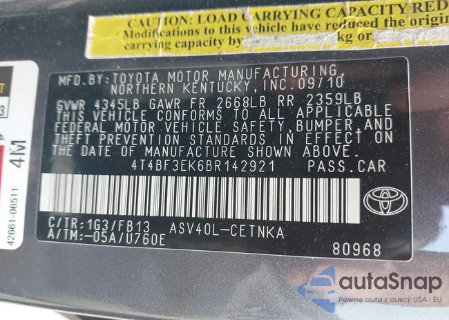 4T4BF3EK6BR142921: 43514010