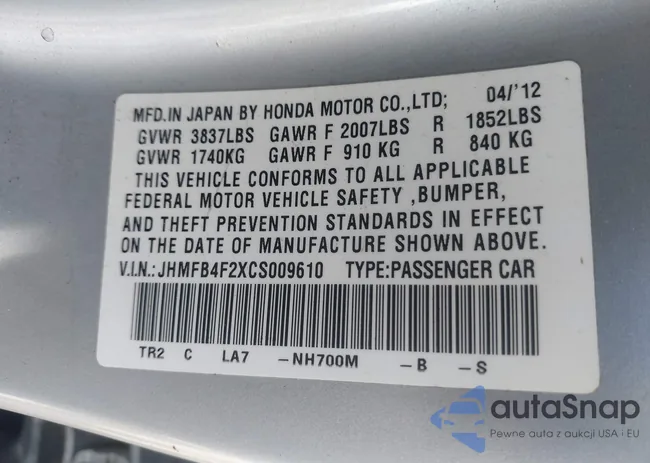 JHMFB4F2XCS009610: 43516580