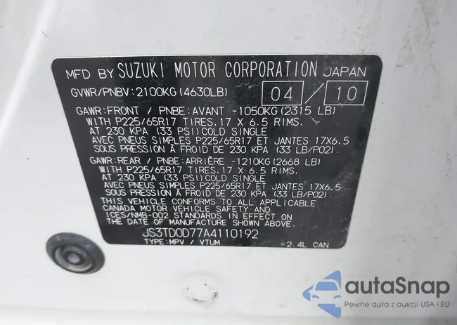 JS3TD0D77A4110192: 43519921