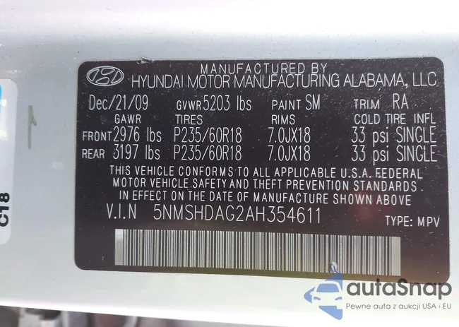 5NMSHDAG2AH354611: 43519422