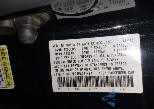 1HGCR2F34EA071494: 43520212