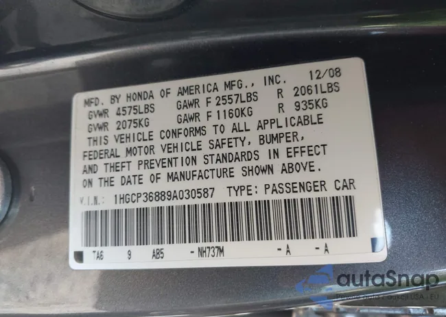 1HGCP36889A030587: 43521505