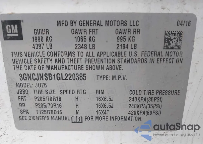 3GNCJNSB1GL220385: 43521582