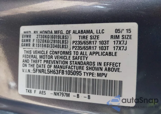 5FNRL5H63FB105095: 43521013